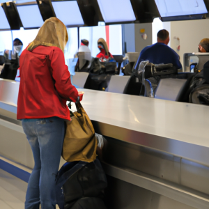 A traveler checking in luggage at an airport counter.