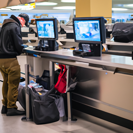 A traveler checking in luggage at an airport counter.