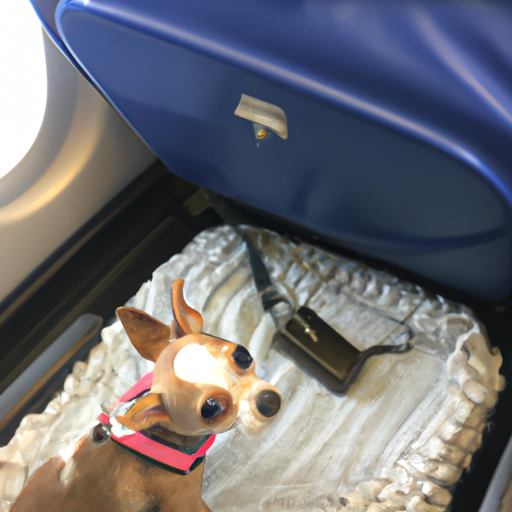 A small dog sitting next to a pet carrier in an airplane.