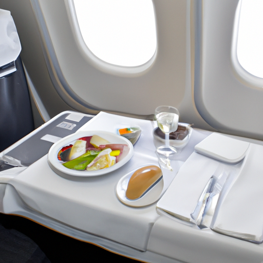 A luxurious first-class cabin with plush seats and gourmet meals.