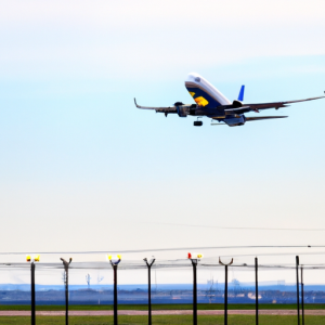A plane taking off right on schedule from an airport.