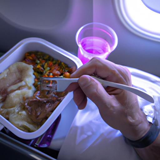 A relaxed traveler enjoying an in-flight meal on a long-haul flight.