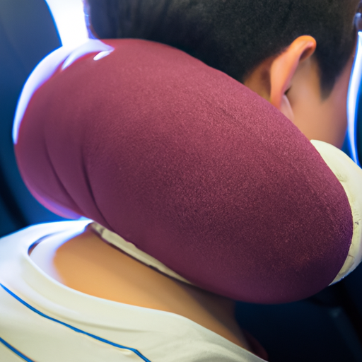 A traveler sleeping with a neck pillow on a red-eye flight.