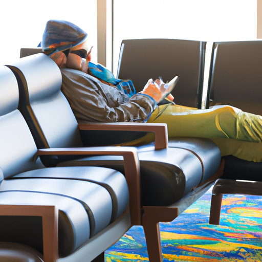 A traveler relaxing in an airport lounge during a layover.