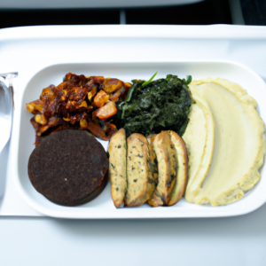 A vegan meal being served on an airplane tray table.