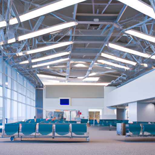 A quiet airport terminal with only a few travelers.