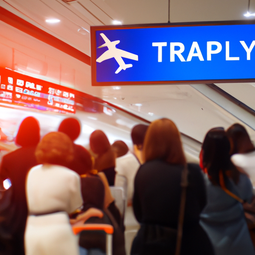 Passengers waiting at the airport with flight delay signs.